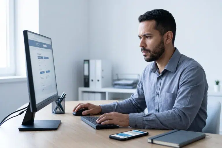 Profissional acessando o portal e-CAC da Receita Federal para consultar CNO, SERO e CND de obra